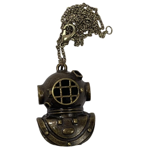 Diving Helmet Pendant Necklace in brass colored metal on brass chain NEW - Picture 1 of 8